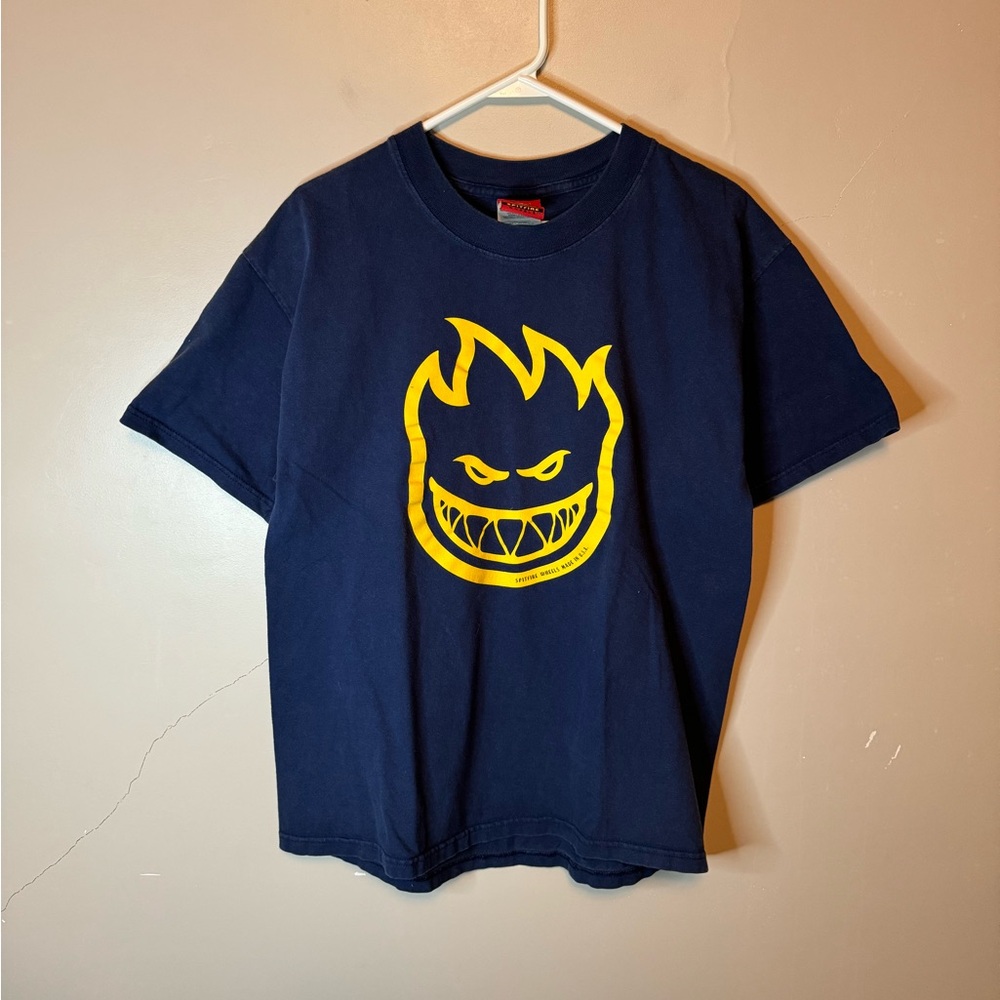 Vintage Spitfire Wheels Flame Head Skateboard T-Shirt Navy Yellow L Made in USA